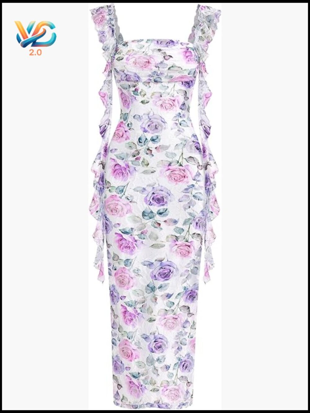 Floral Maxi Dress Ruched Lace Ruffle Cocktail Wedding Guest - Picture 1 of 7